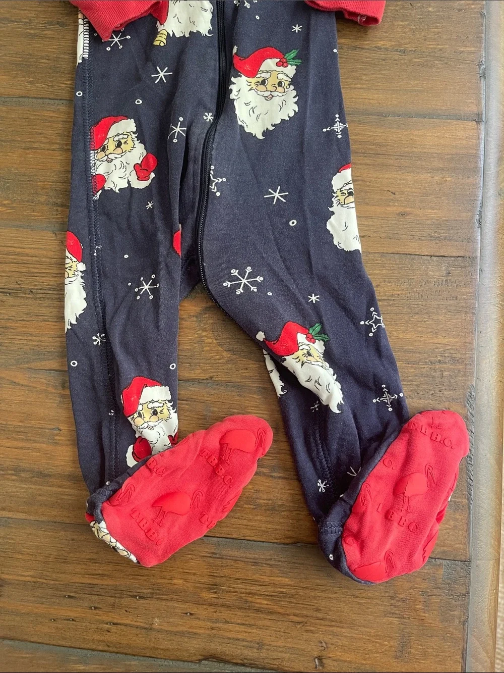 The Beaufort Bonnet Company Navy Santa Print Footed One-Piece with Red Trim